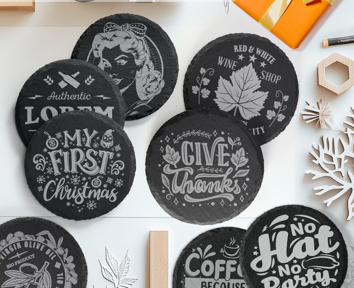 custom laser-engraved round slate coasters set of four