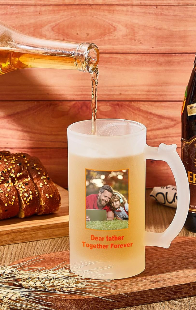 personalized frosted glass beer mug with custom photo and name