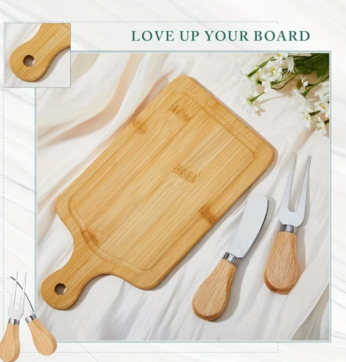 Laser engraved cutting board set with utensils.