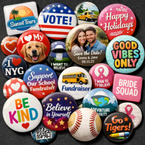 Custom imprinted buttons and magnets with photo and logo designs