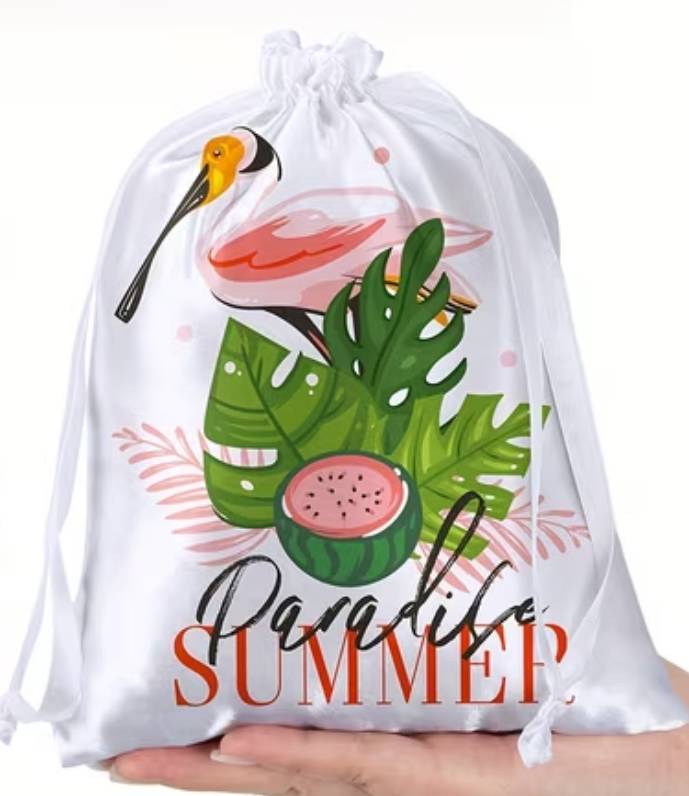 Custom satin drawstring keepsake bag with personalized artwork