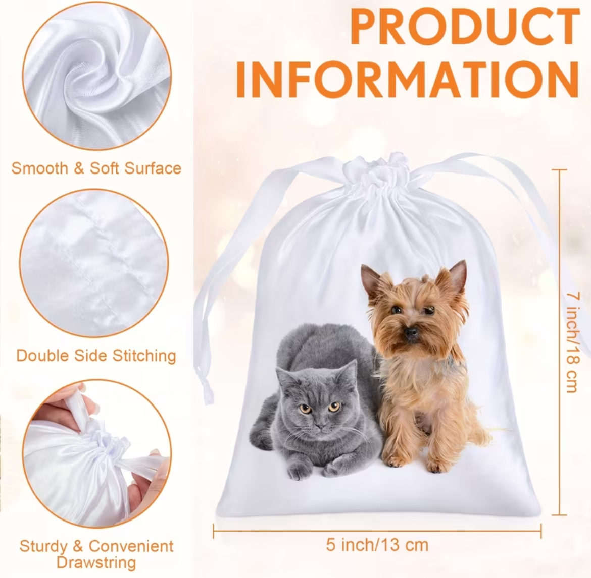 Personalized satin favor bag with drawstring closure