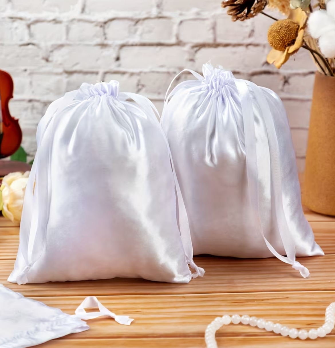 Satin draw string bags personalized with your message or image.