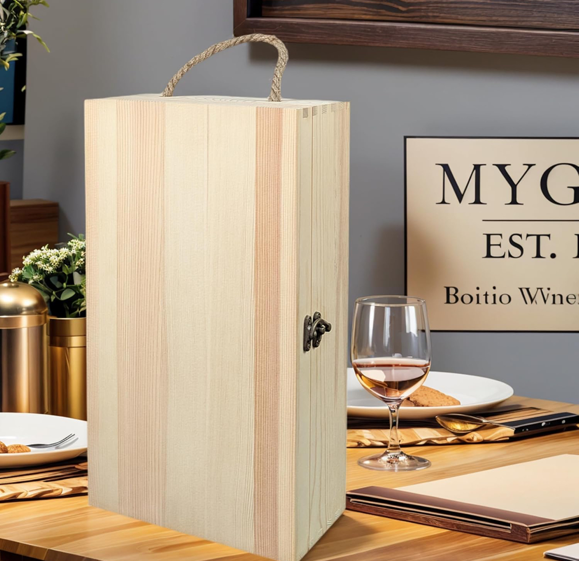 Personalized laser engraved double wooden wine box for two bottles