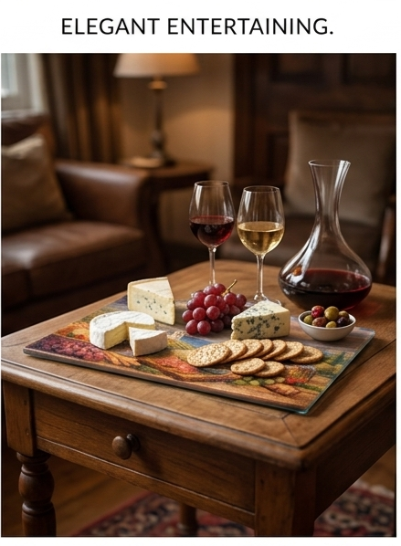 Custom wine-themed glass serving board for charcuterie
