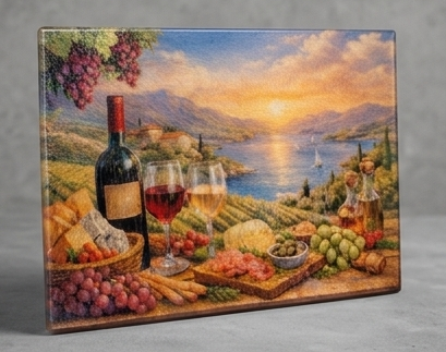Custom wine-themed glass charcuterie board with Mediterranean vineyard artwork