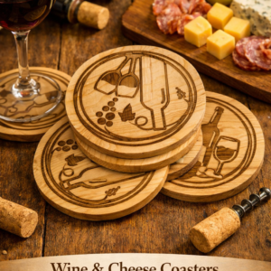 Round wooden wine and cheese coasters with engraved vineyard design