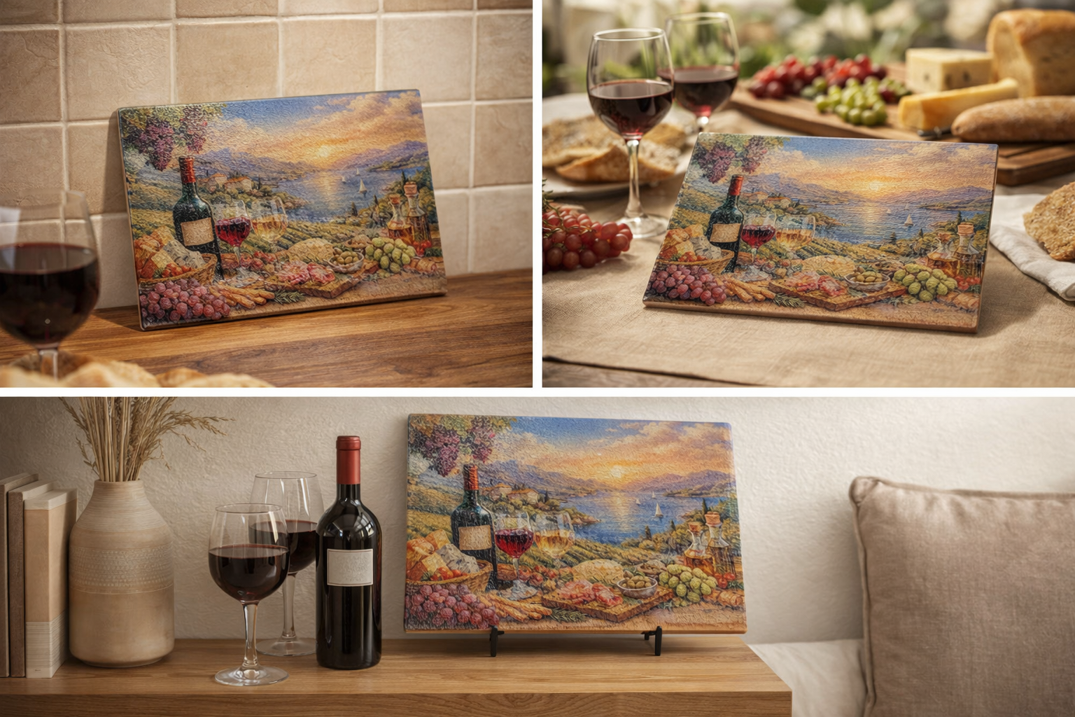 Wine-themed glass charcuterie board with Mediterranean vineyard artwork