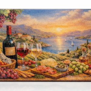 Custom themed tempered glass cutting board with wine and cheese design