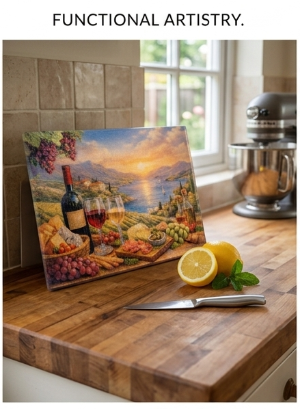 8x11 tempered glass cutting board with wine and cheese design