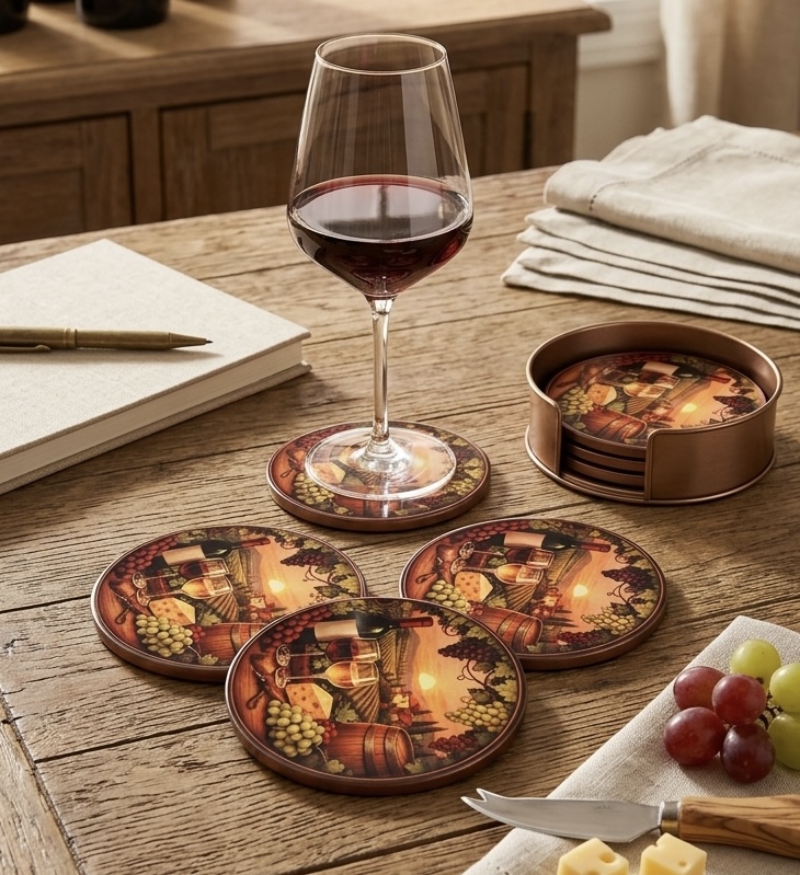 Round ceramic wine coasters with cork backing