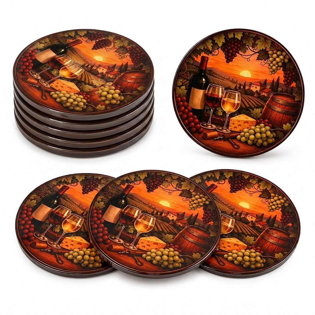 Rustic vineyard drink coasters for wine lovers